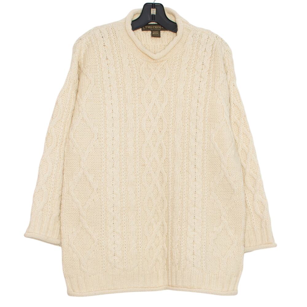 Inis Crafts Vintage Aran Cable Knit Chunky Fisherman Roll Neck Wool Sweater S